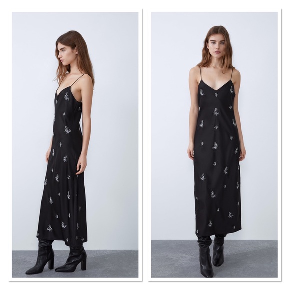 Zara Dresses Zara Satin Dress With Embroidery Bloggers Favorite